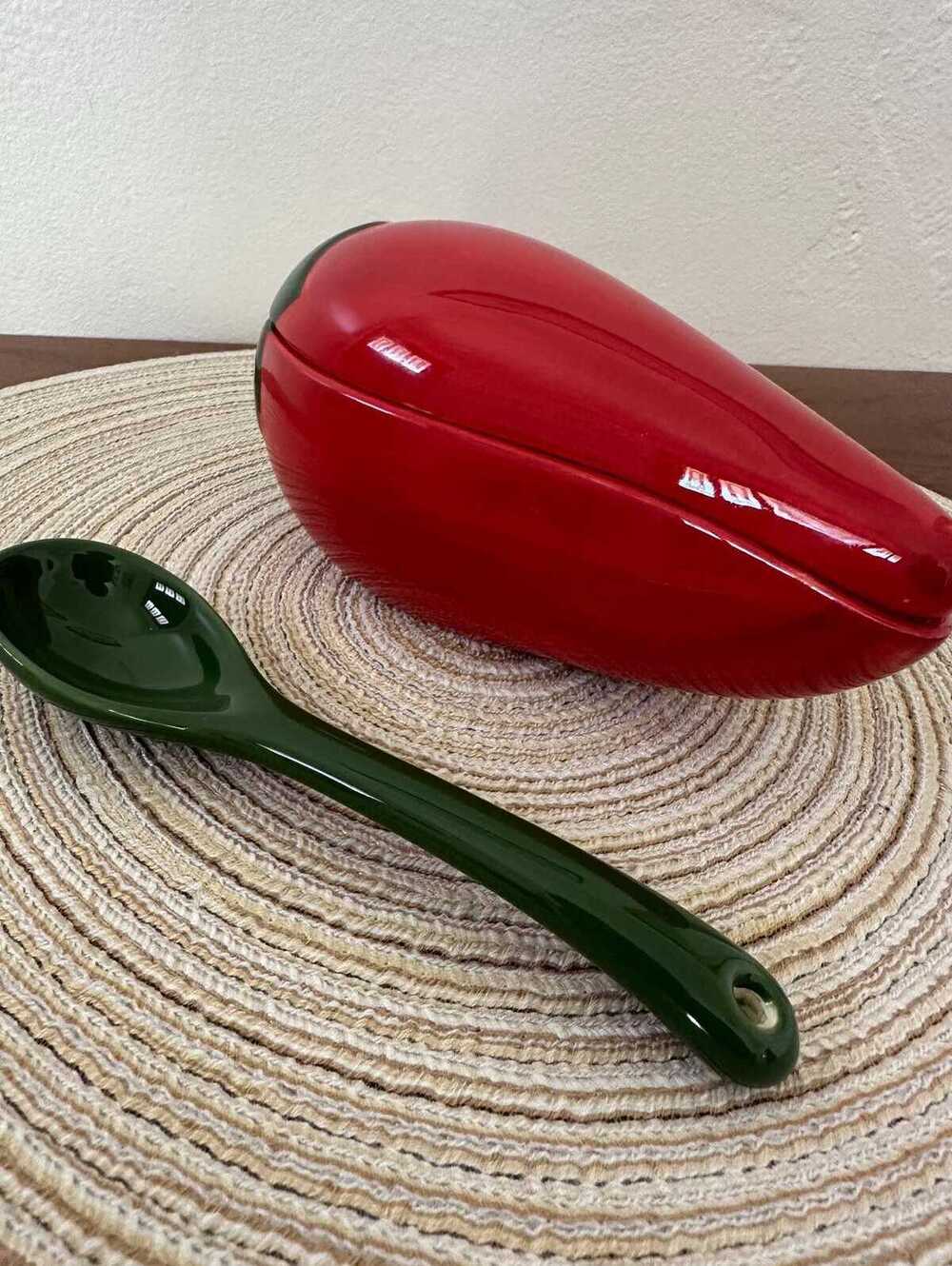Red Chili Pepper Shaped Covered Salsa Bowl and Ceramic Spoon